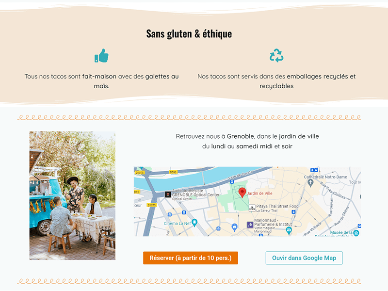 One page pour un food truck indiquant son emplacement