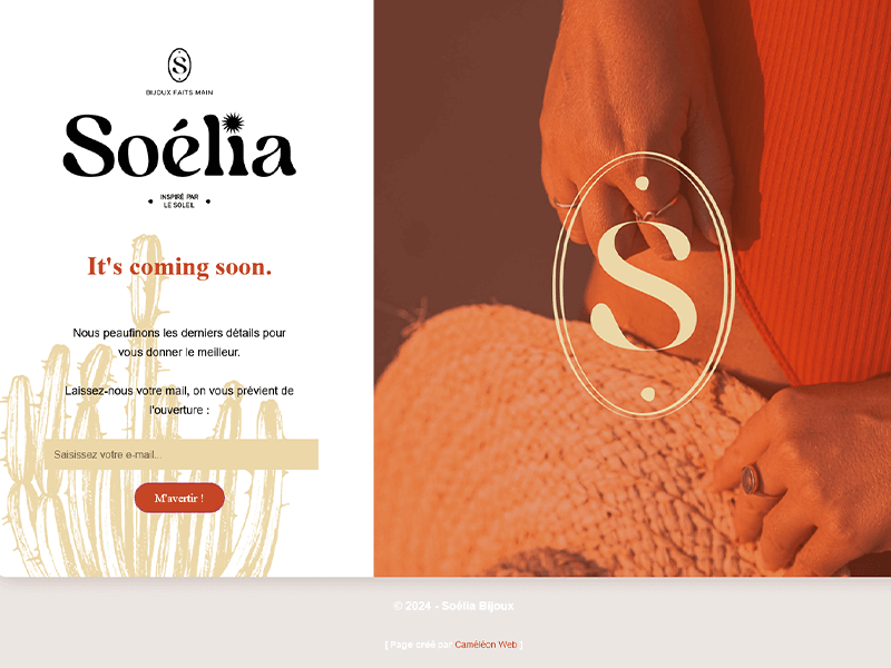 Soelia Bijoux, page desktop "Coming soon"