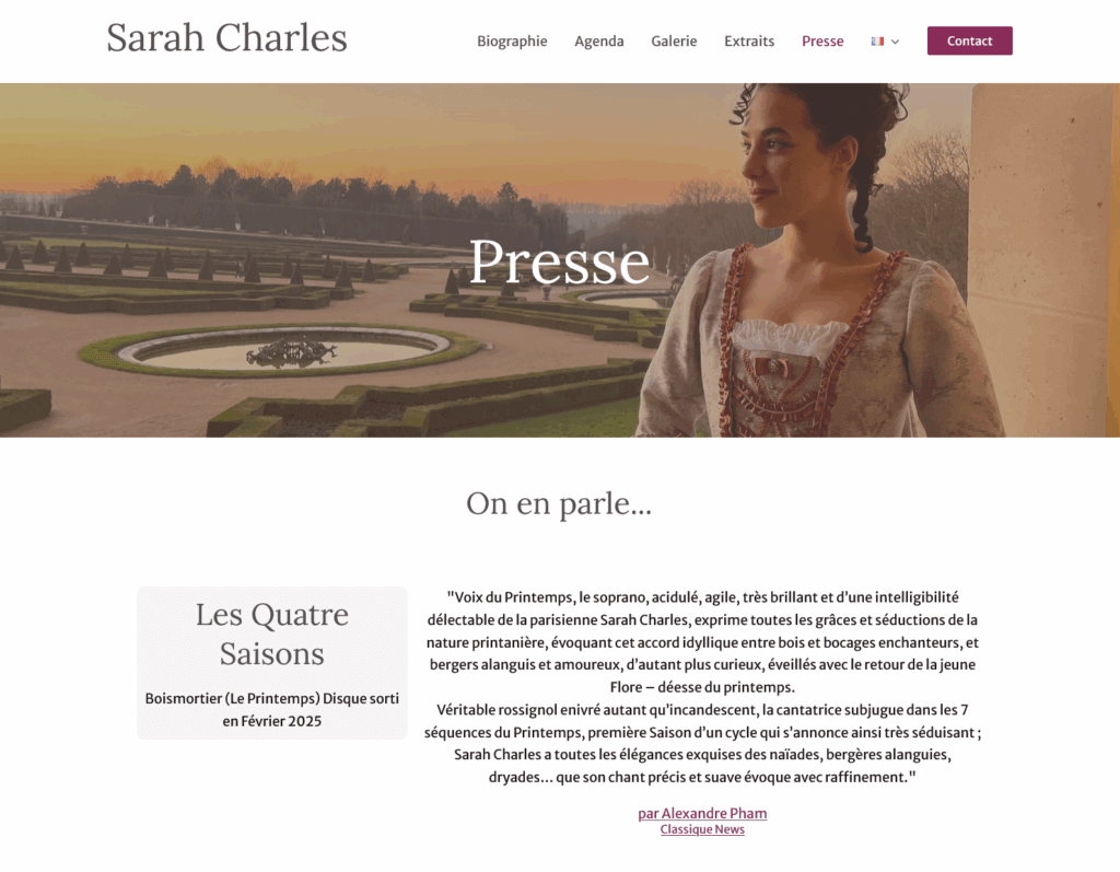 Page Presse du site de Sarah Charles