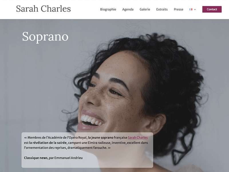 Capture écran de la page d'accueil du site de Sarah Charles
