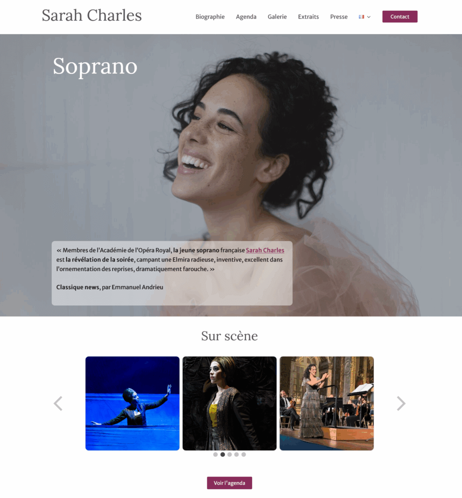 Page d'accueil du site de Sarah Charles